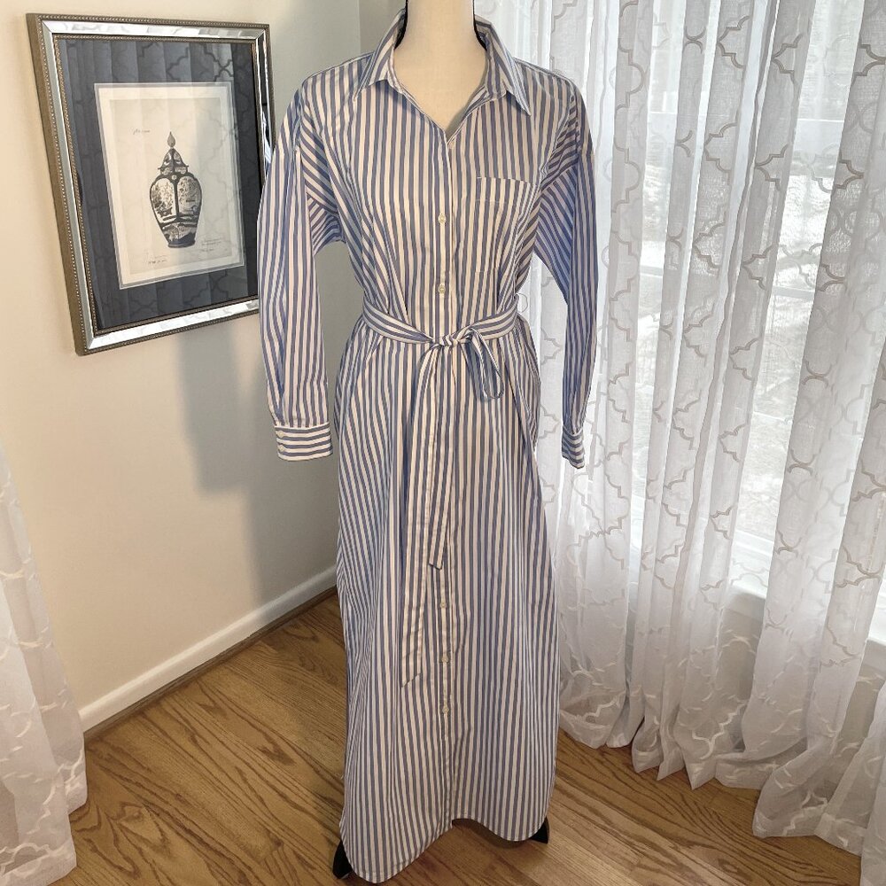 NWT! LOFT Blue & White Striped Maxi Length Belted Shirt Dress, Sz. Lrg. Petite